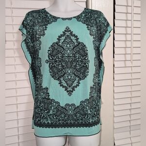 Metaphor Petite Women's Square Sleeveless Boho Turquoise & Black Top EUC Size MP